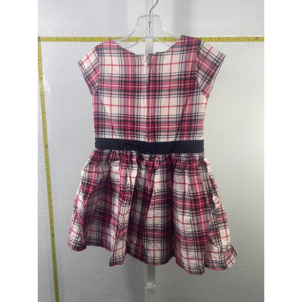 The Childrens Place Girls 3T Red Plaid Holiday Party Dress Cap Sleeve Bow Waist